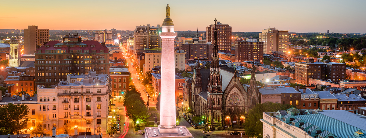 Aerial view of Baltimore's Washington monument cityscape