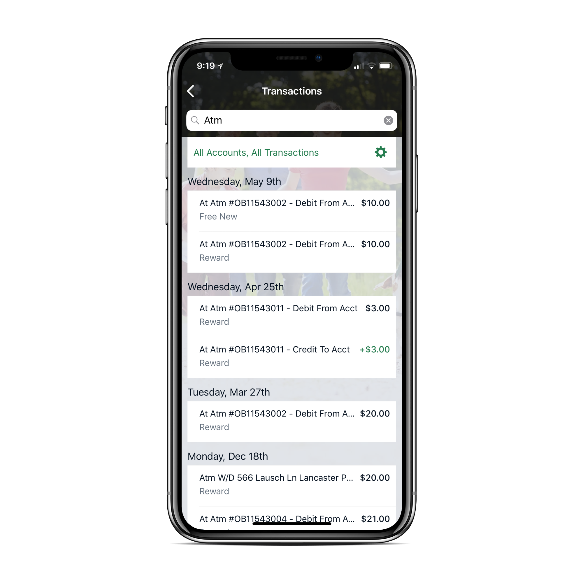 Orrstown Bank mobile banking app transactions screen with search function on space grey iPhone X